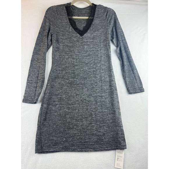 CUPSHE Gray Knit Dress Long Sleeve V Neck Lace Trim Casual Comfy Soft Stretch - Picture 1 of 7